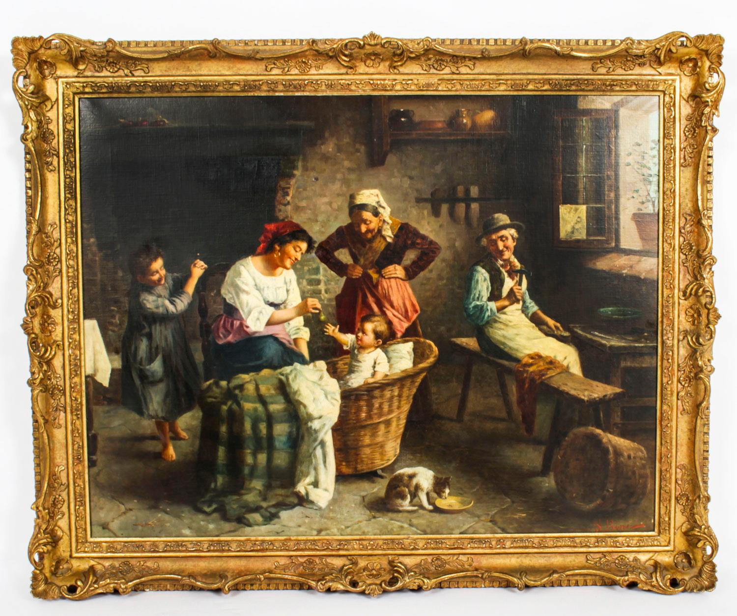 Antique Oil on Canvas Painting Interior Scene by Sandro Bini 19th C 11