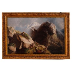 Antique Oil on Canvas Painting Mountain Landscape with Elk by M. London, 1877