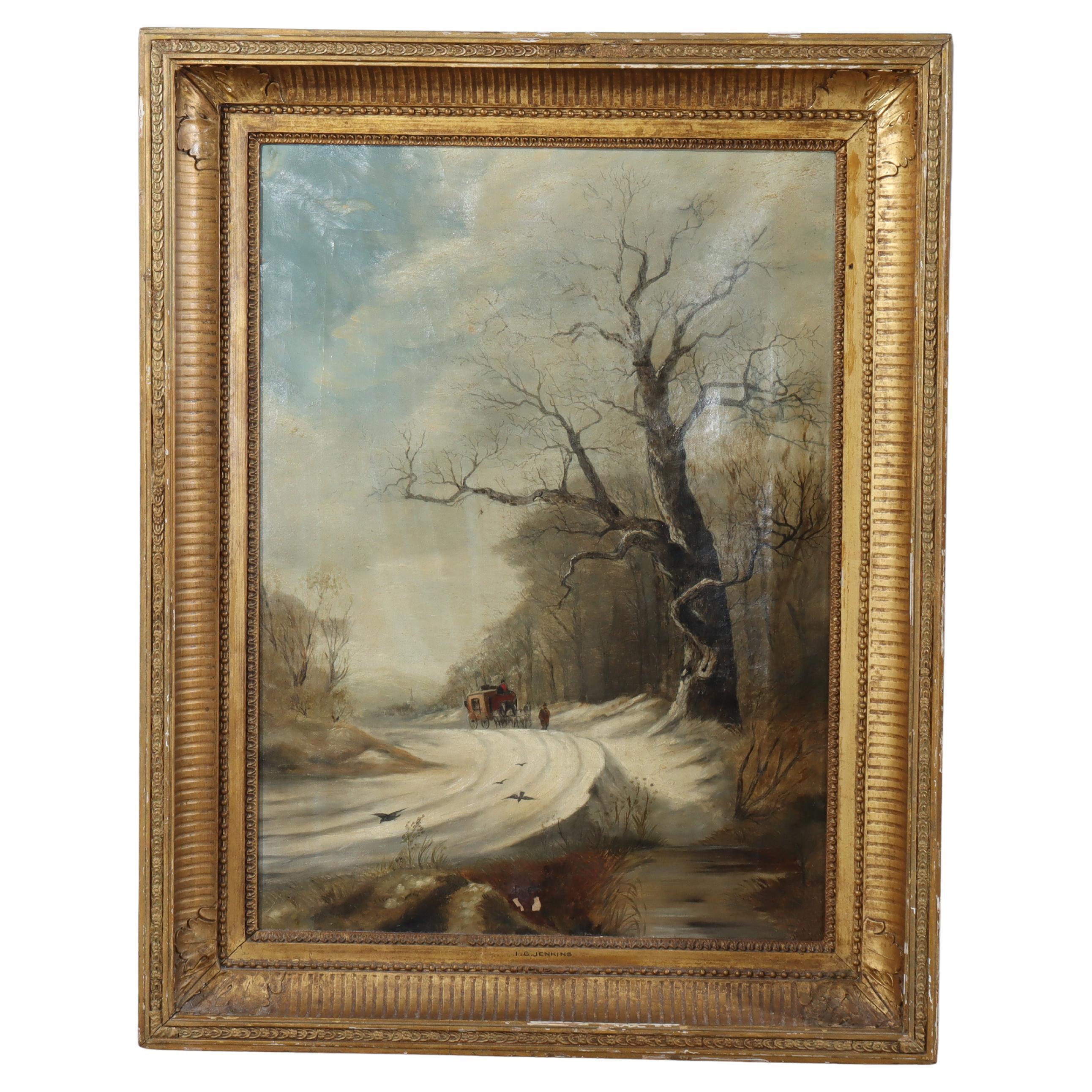 Antike Öl auf Leinwand Gemälde einer Winterlandschaft von I. G. Jenkins C1900