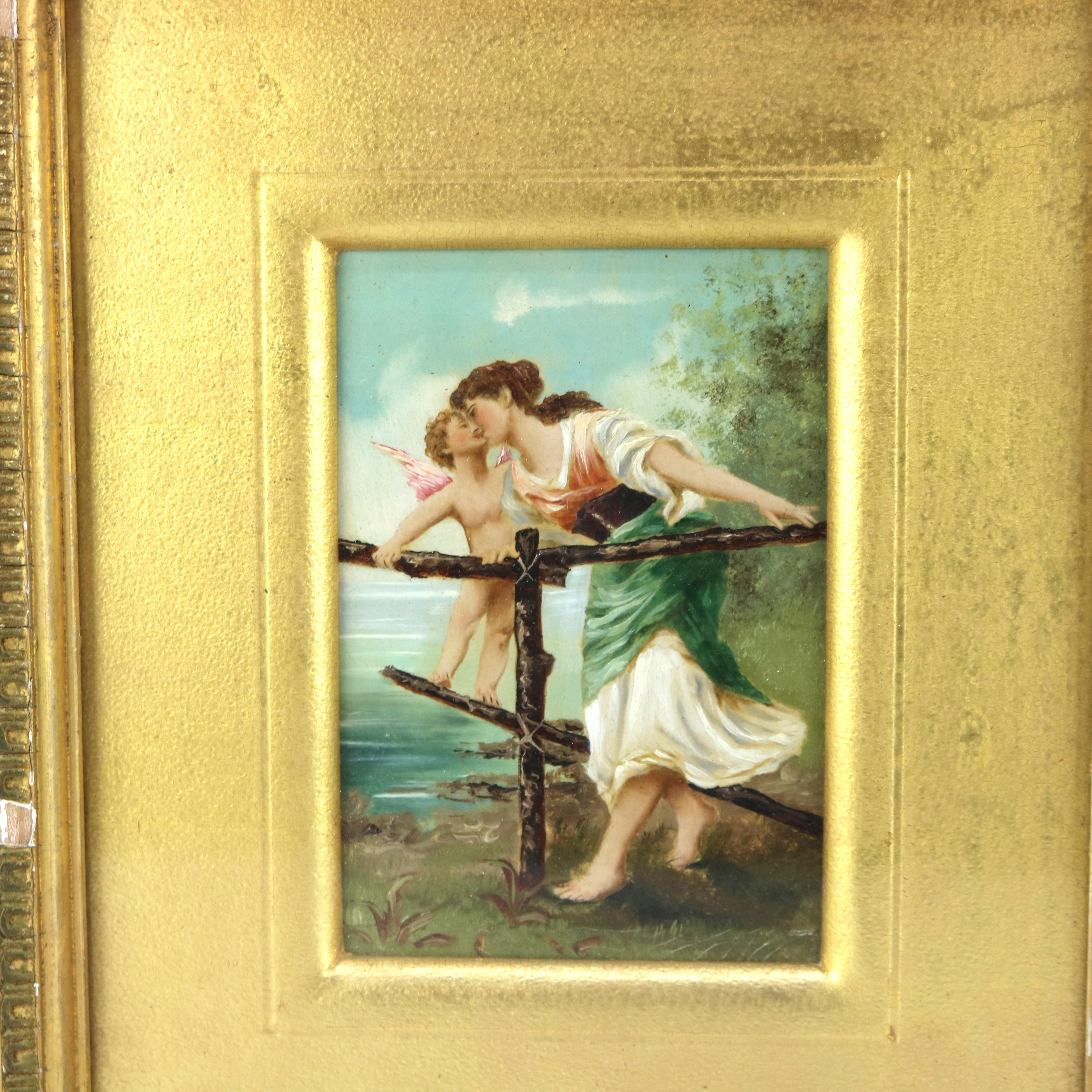 Antique Oil on Canvas Painting of Cherub & Woman in Gilt Frame C1890

Measures- 13.75
