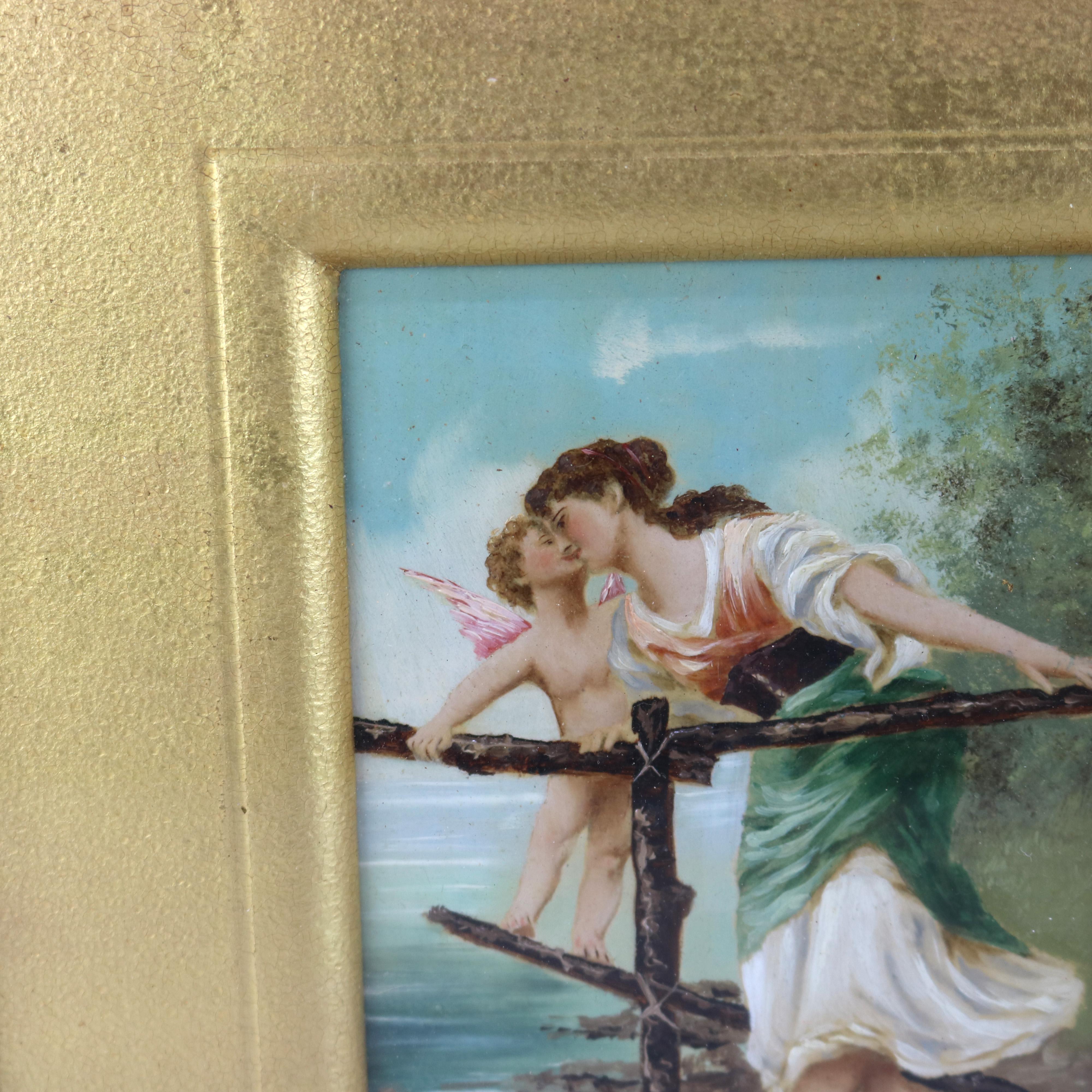 Antique Oil on Canvas Painting of Cherub & Woman in Gilt Frame C1890 In Good Condition For Sale In Big Flats, NY