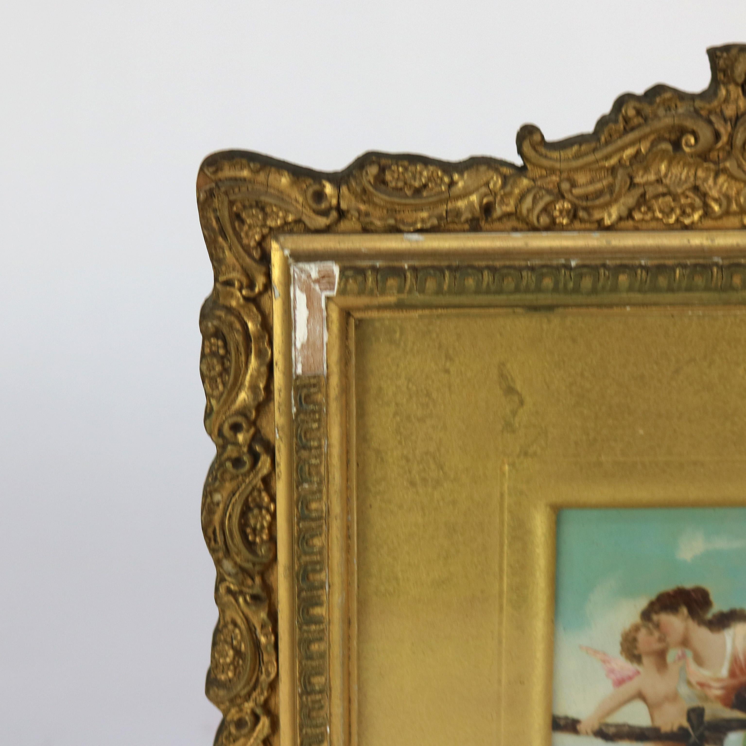 19th Century Antique Oil on Canvas Painting of Cherub & Woman in Gilt Frame C1890 For Sale