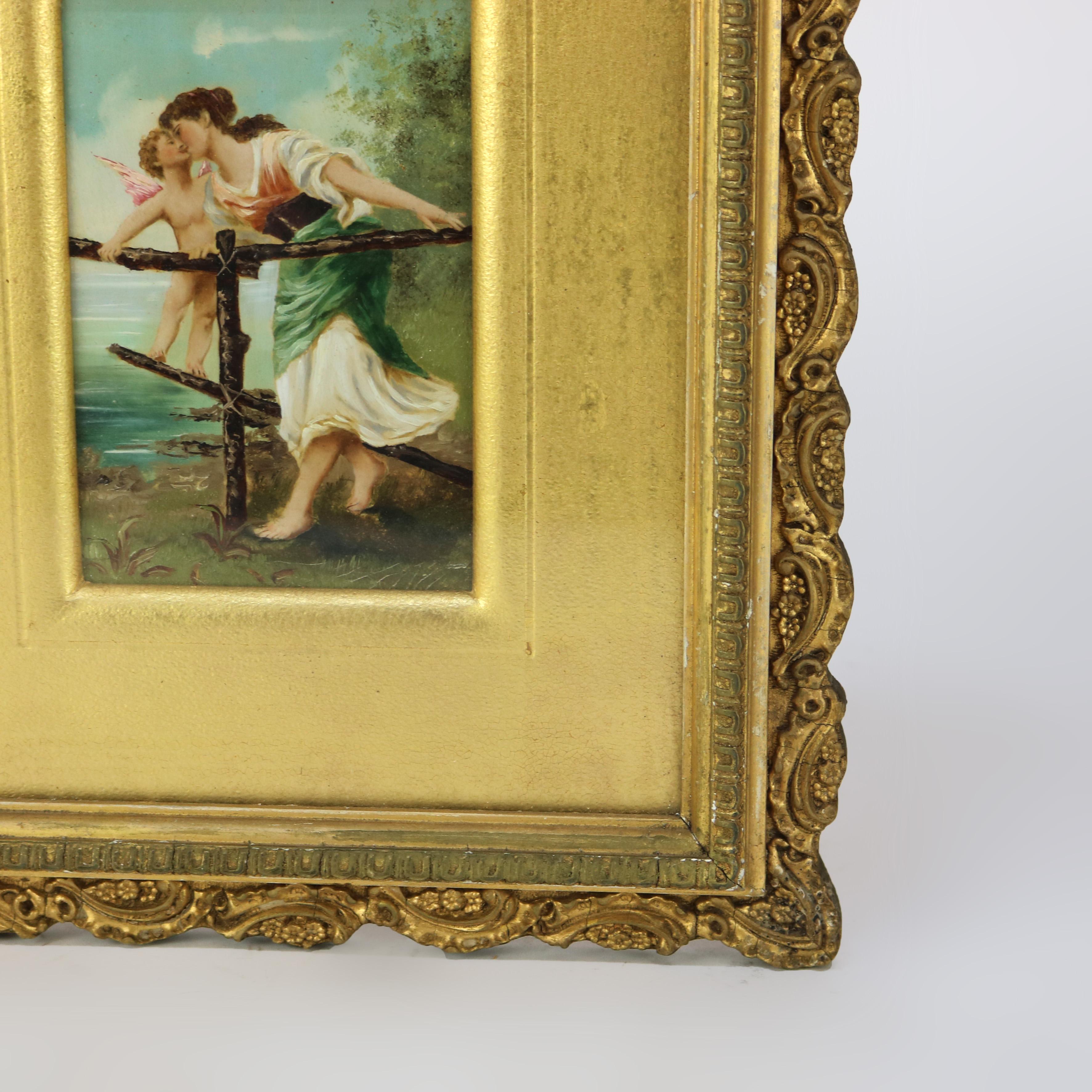 Antique Oil on Canvas Painting of Cherub & Woman in Gilt Frame C1890 For Sale 1