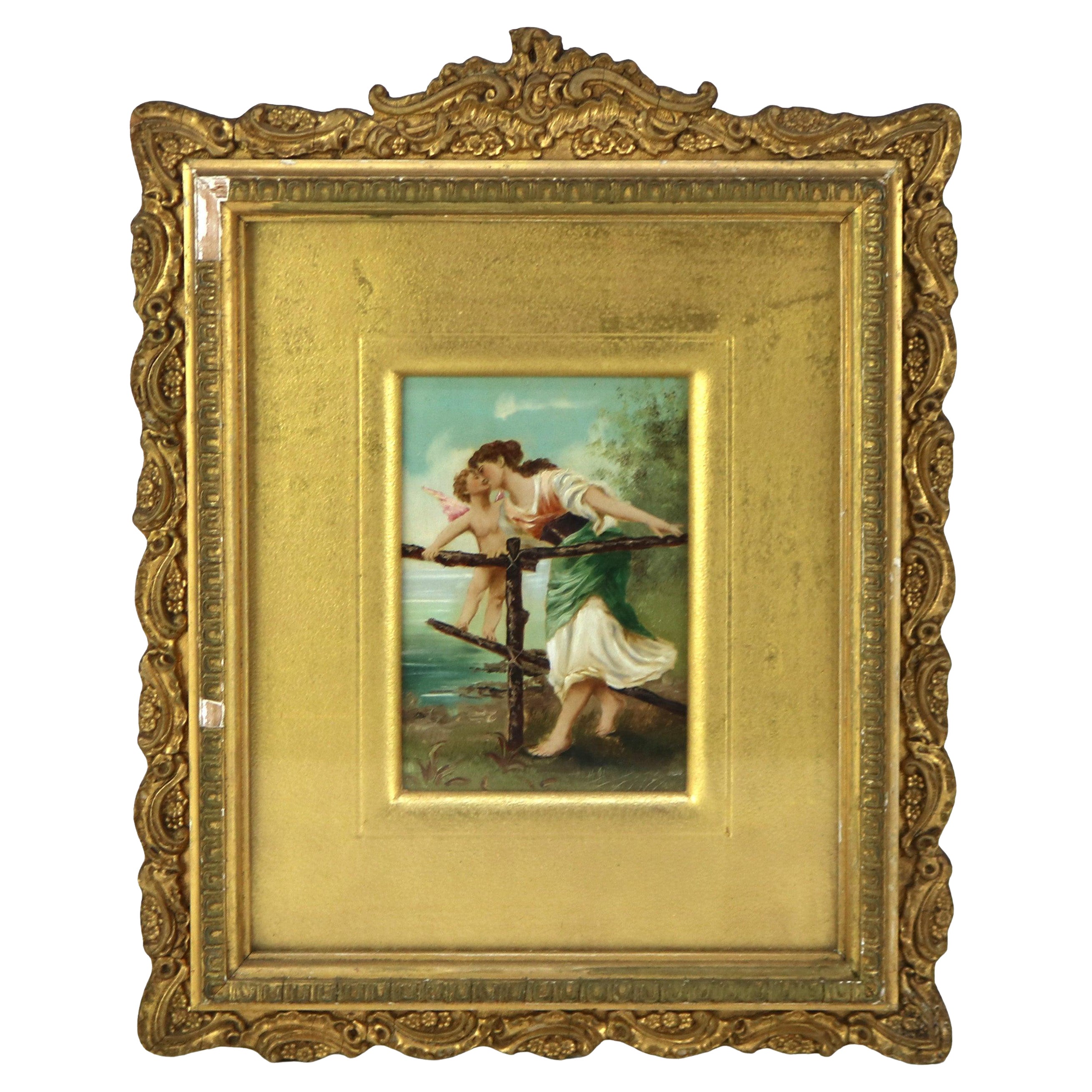 Antique Oil on Canvas Painting of Cherub 
Woman in Gilt Frame C1890