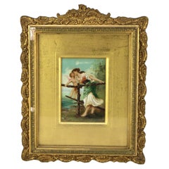 Antique Oil on Canvas Painting of Cherub & Woman in Gilt Frame C1890