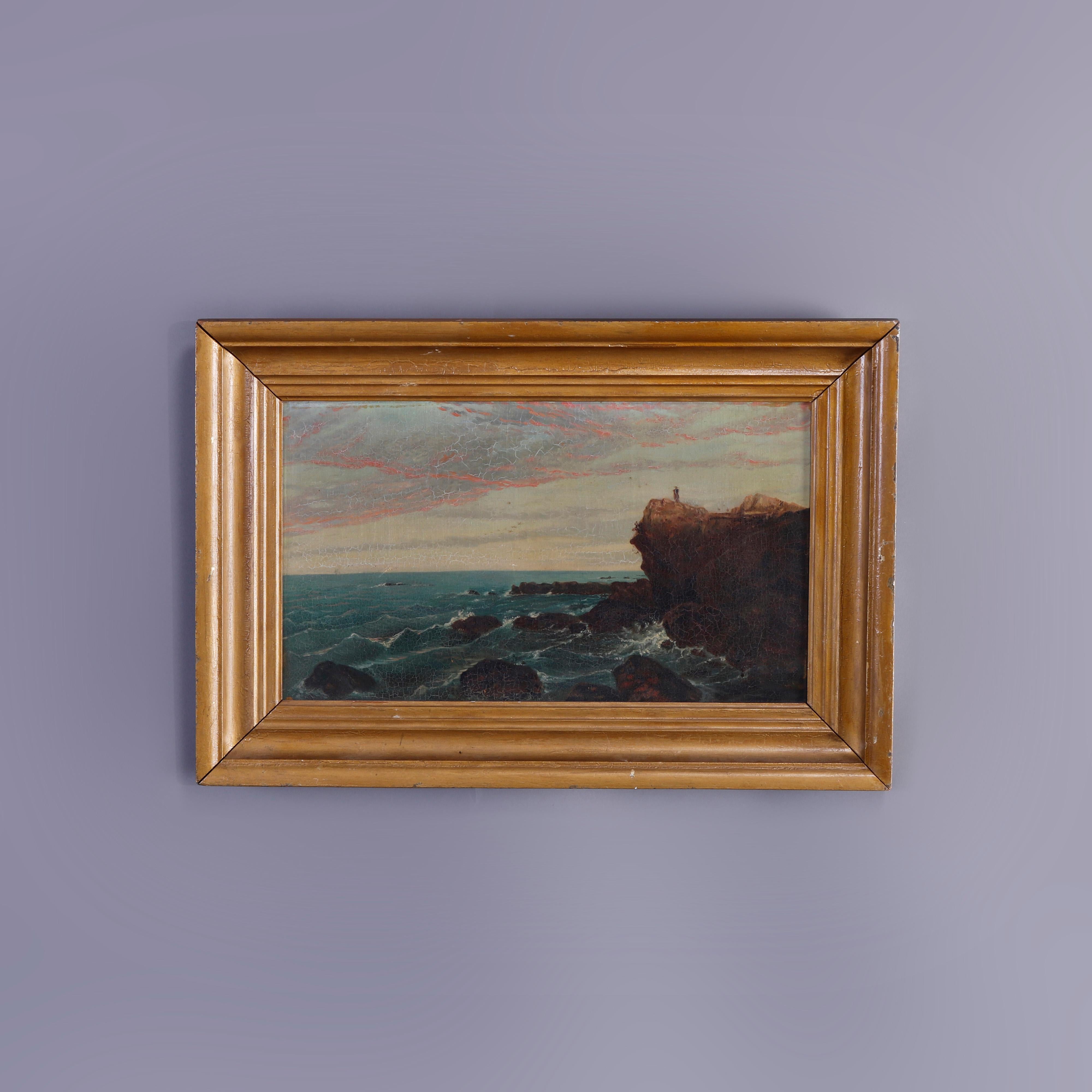 An antique painting offers oil on canvas rocky coastal seascape with figure standing on cliff overlooking the ocean, seated in giltwood frame, circa 1840

Measures - overall 17'' H x 25'' W x 2'' D; sight 19.5'' x 11.5''.