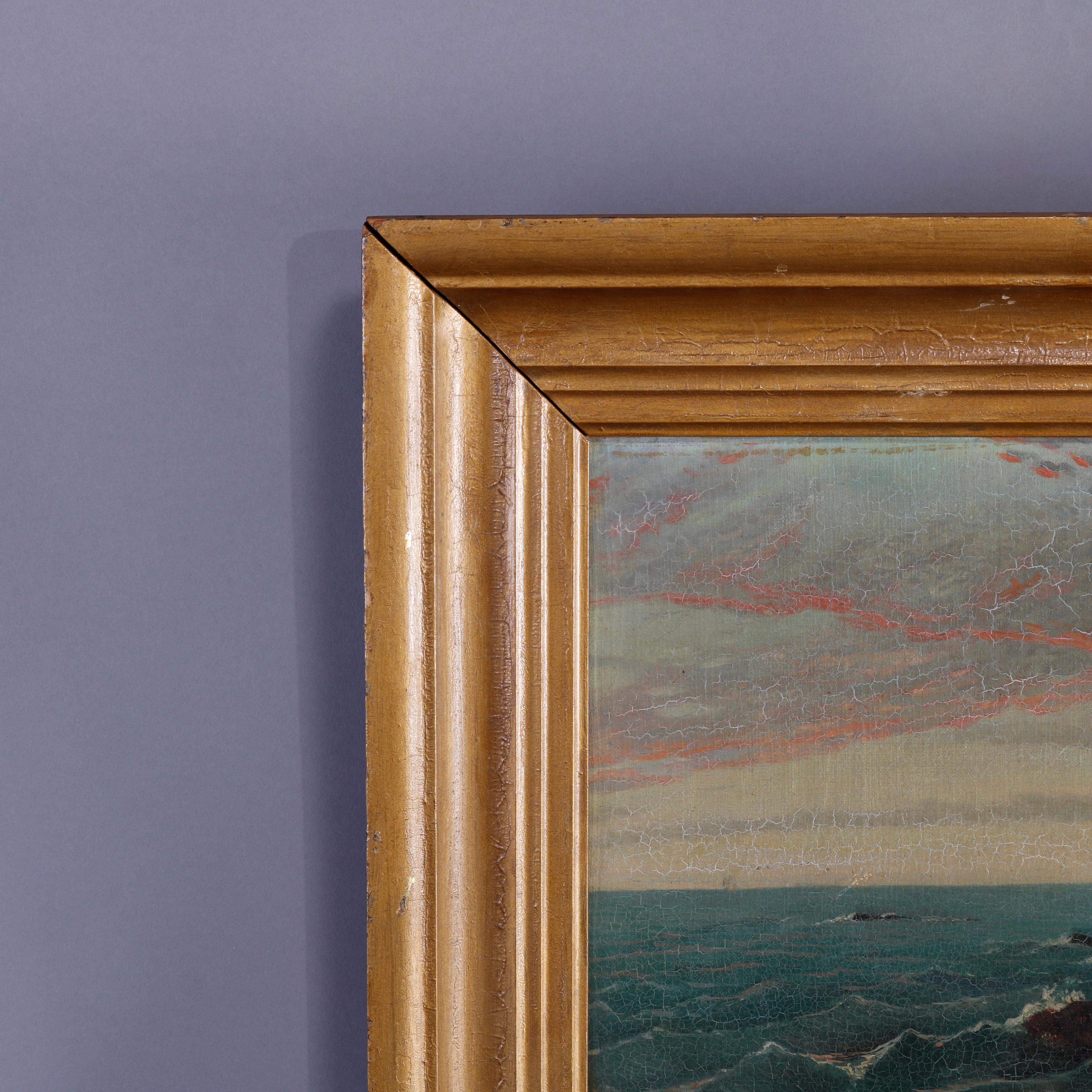 Hand-Painted Antique Oil on Canvas Painting of Coastal Cliffside Seascape with Figure, c1840