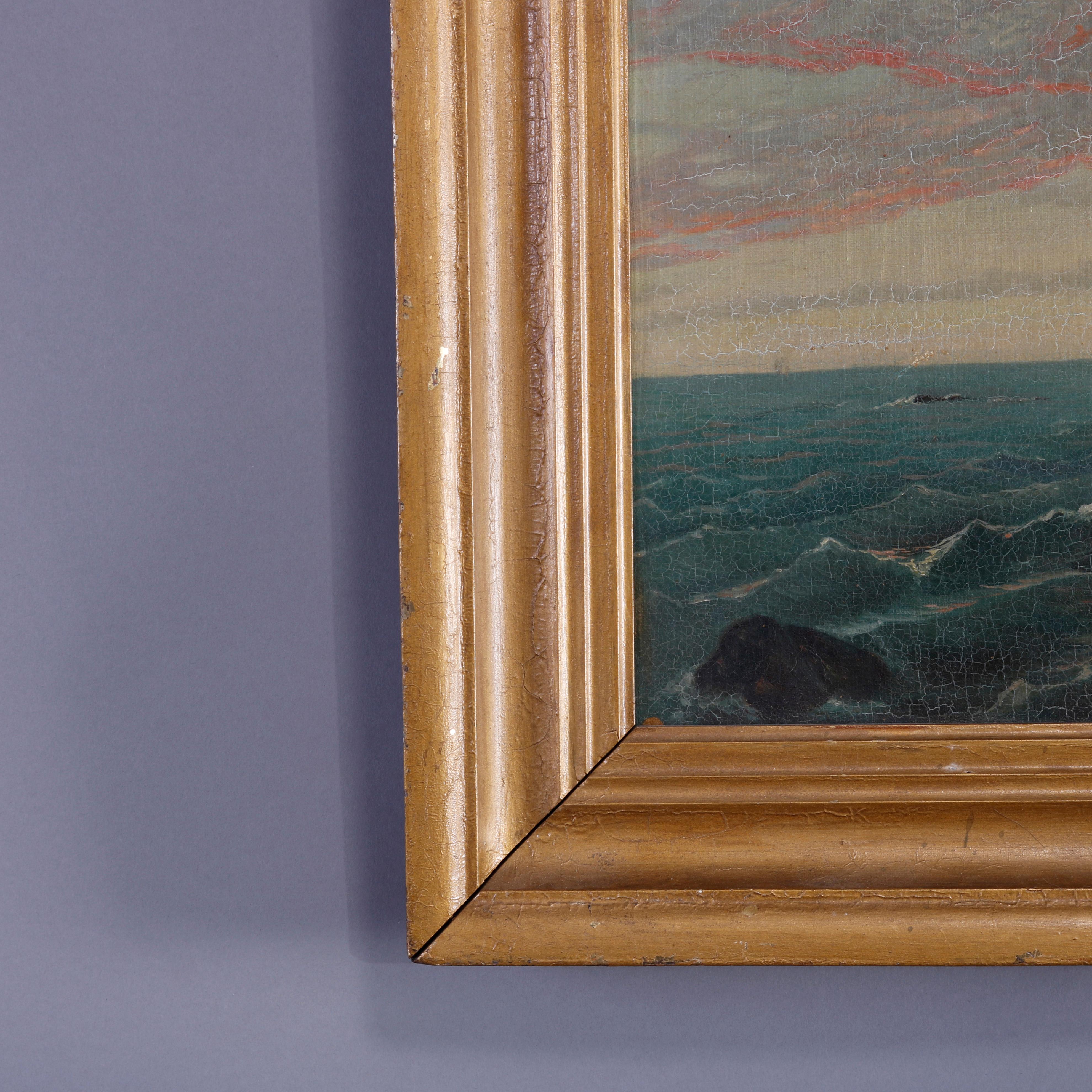 Antique Oil on Canvas Painting of Coastal Cliffside Seascape with Figure, c1840 In Good Condition In Big Flats, NY