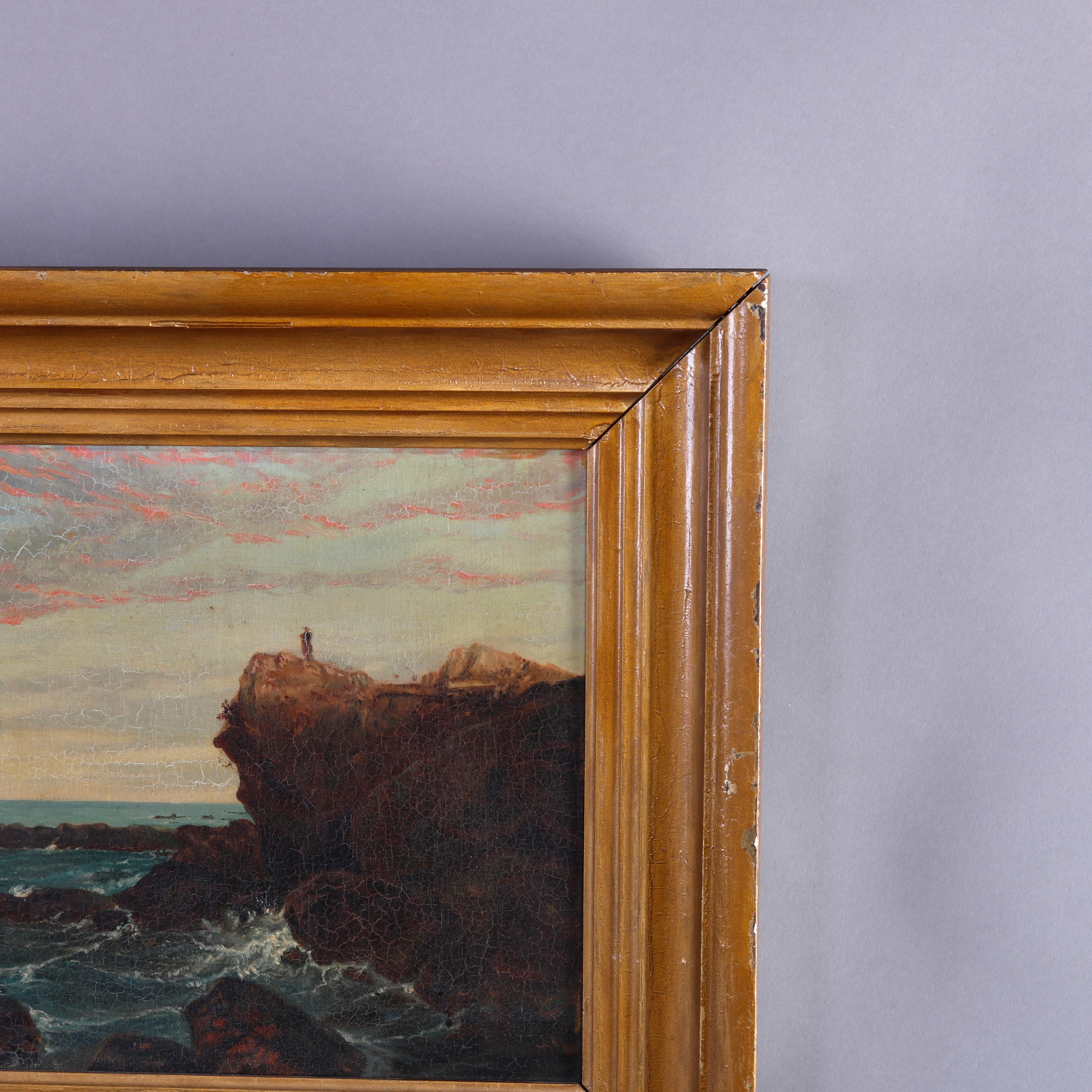 Antique Oil on Canvas Painting of Coastal Cliffside Seascape with Figure, c1840 1