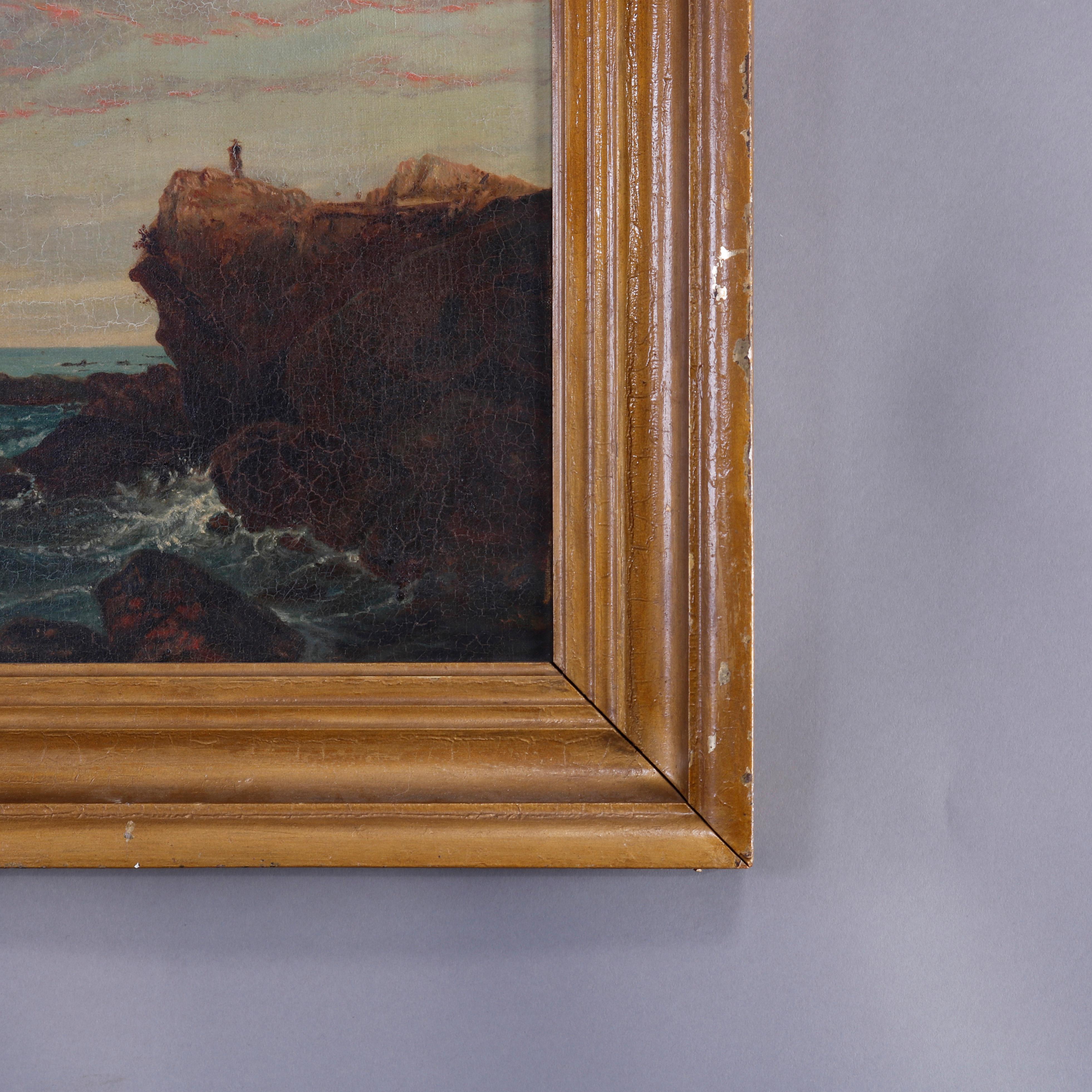 Antique Oil on Canvas Painting of Coastal Cliffside Seascape with Figure, c1840 3