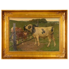 Antique Oil on Canvas Painting of Cows in Pasture, Signed by Paul Stellenger