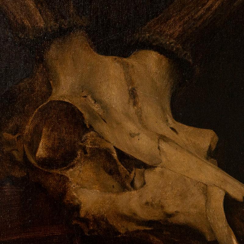 This oil on canvas painting creates dramatic impact in a relatively small space. While painted in the late 1800s, something about the mood of this painting places it outside time. It will look as well placed in a highly contemporary sparse setting