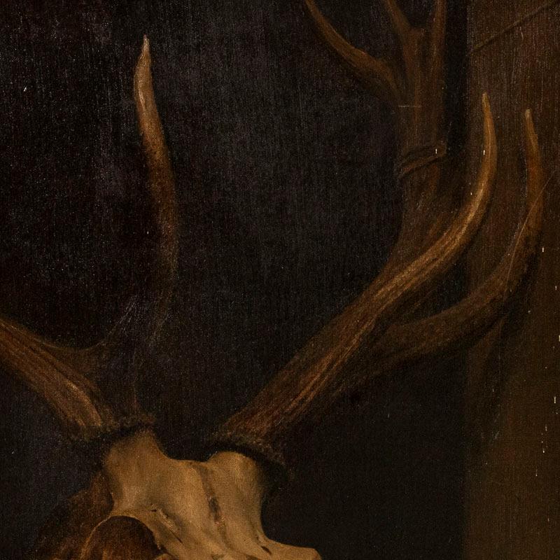 Danish Antique Oil on Canvas Painting of Deer Skull by Peter Christian Hamberg