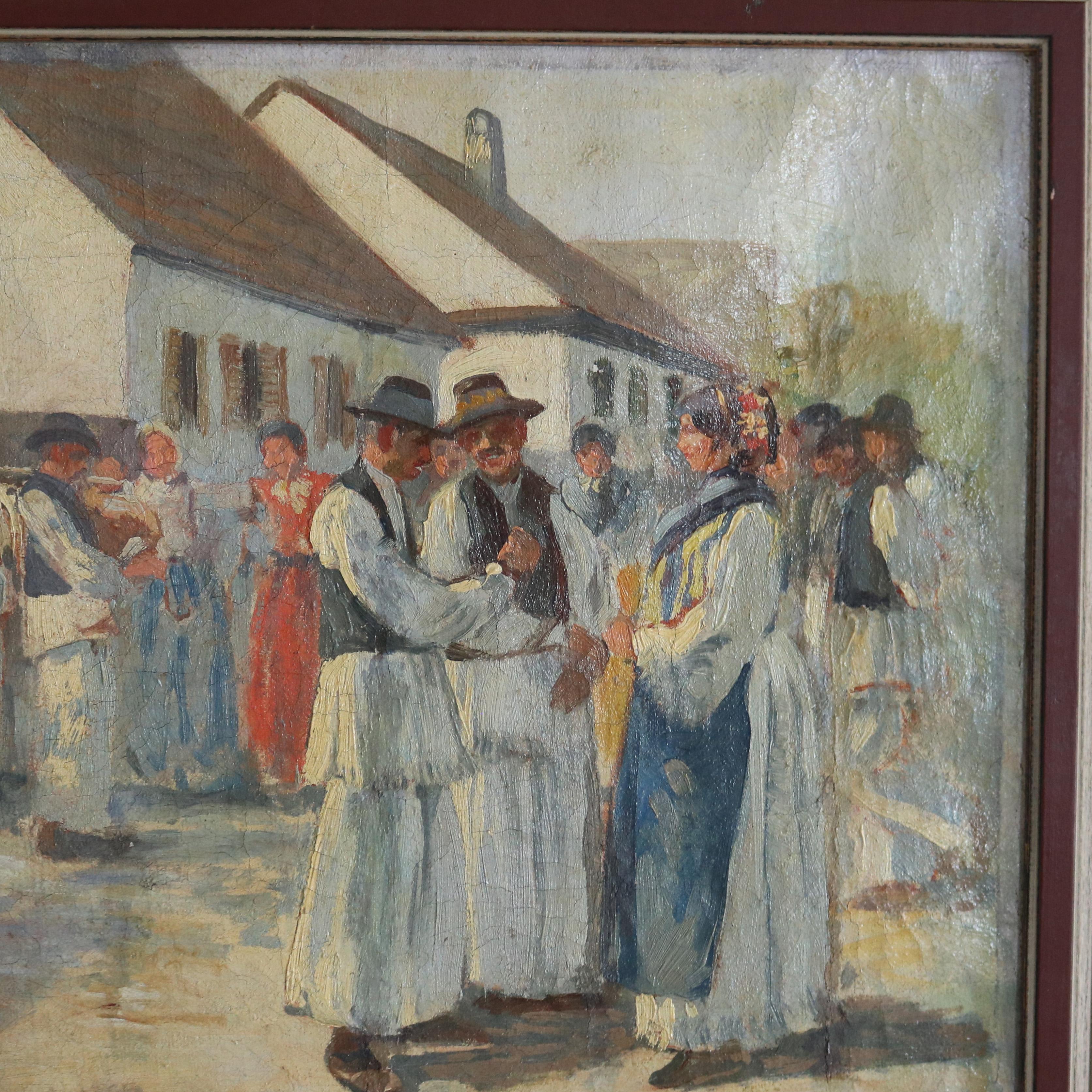 20th Century Antique Oil on Canvas Painting of Genre Street Scene, Artist Signed, C1923