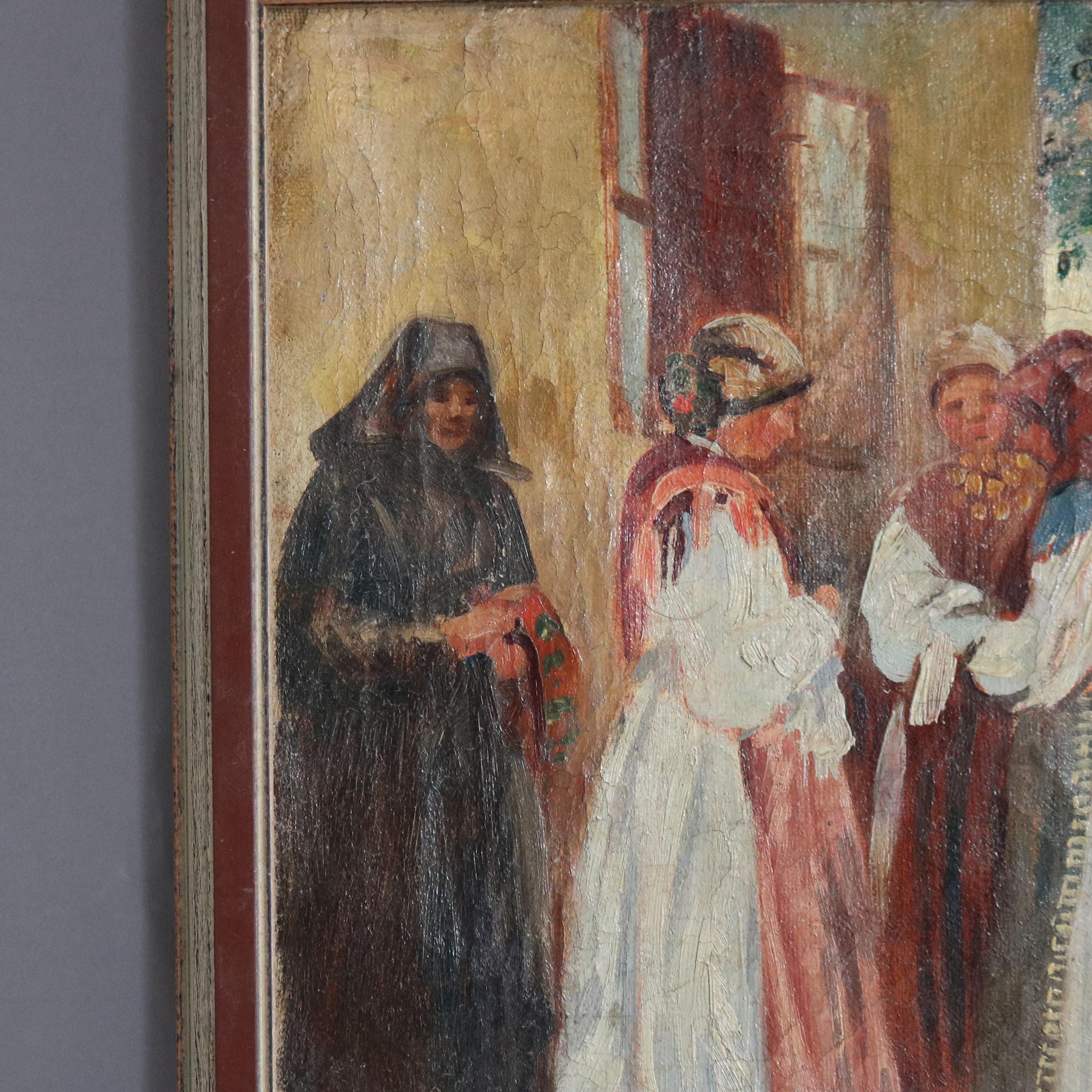 Antique Oil on Canvas Painting of Genre Street Scene, Artist Signed, C1923 2