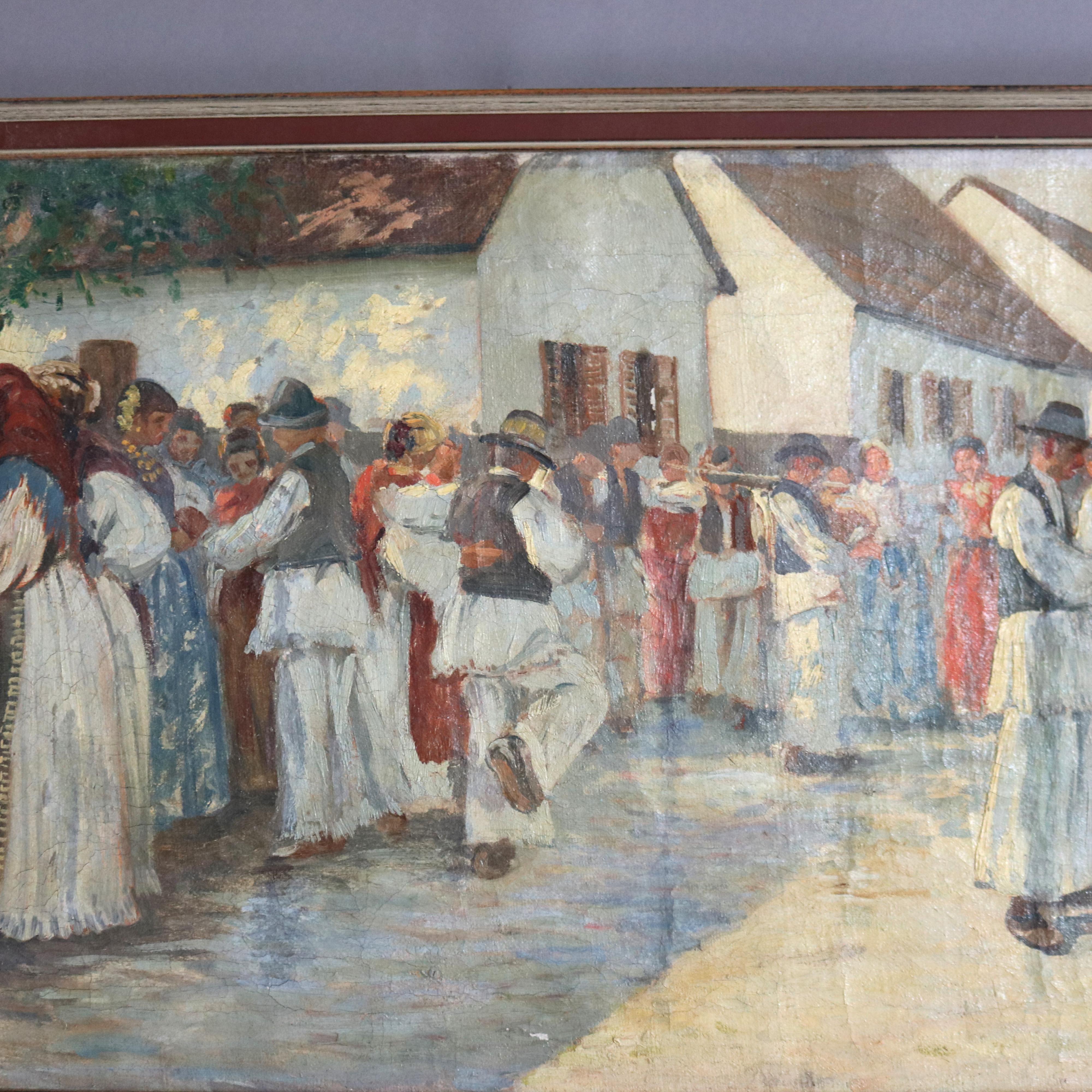 Antique Oil on Canvas Painting of Genre Street Scene, Artist Signed, C1923 4