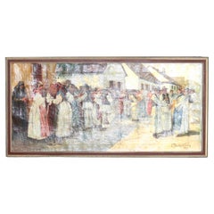 Antique Oil on Canvas Painting of Genre Street Scene, Artist Signed, C1923