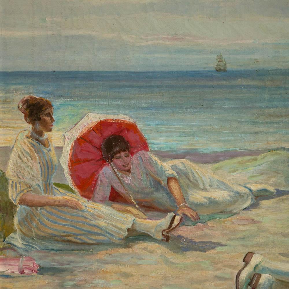 Danish Antique Oil on Canvas Painting of Girls at the Beach