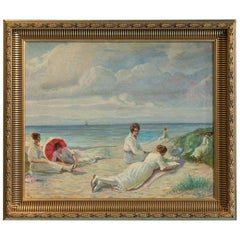 Antique Oil on Canvas Painting of Girls at the Beach