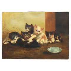 Antique Oil on Canvas Painting of Kittens C1920
