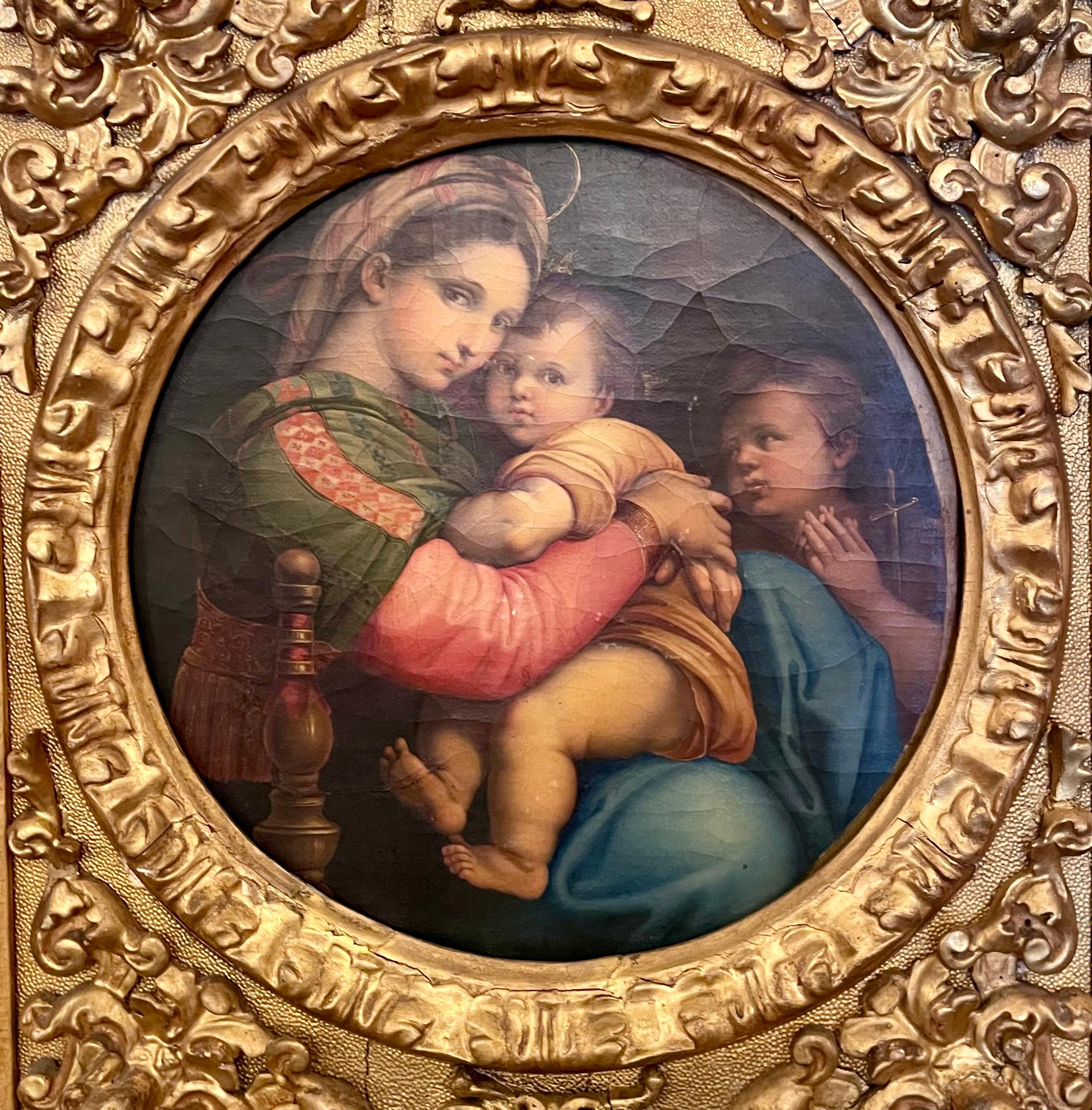 Antique Oil on Canvas Painting of Madonna & Child in Original Frame, Circa 1880. In Good Condition For Sale In New Orleans, LA