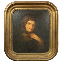 Antique Oil on Canvas Painting of Russian Maiden, 19th Century