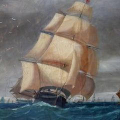 Antique Oil On Canvas Painting Of Seascape With Clipper Ships by Bowman C1870