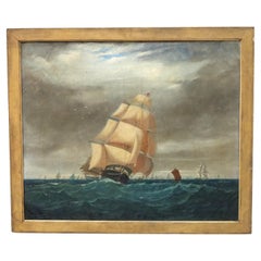 Antique Oil On Canvas Painting Of Seascape With Clipper Ships by Bowman C1870
