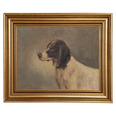 Antique Oil on Canvas Painting of Spaniel Hunting Dog, Signed by Carl Hoyrup
