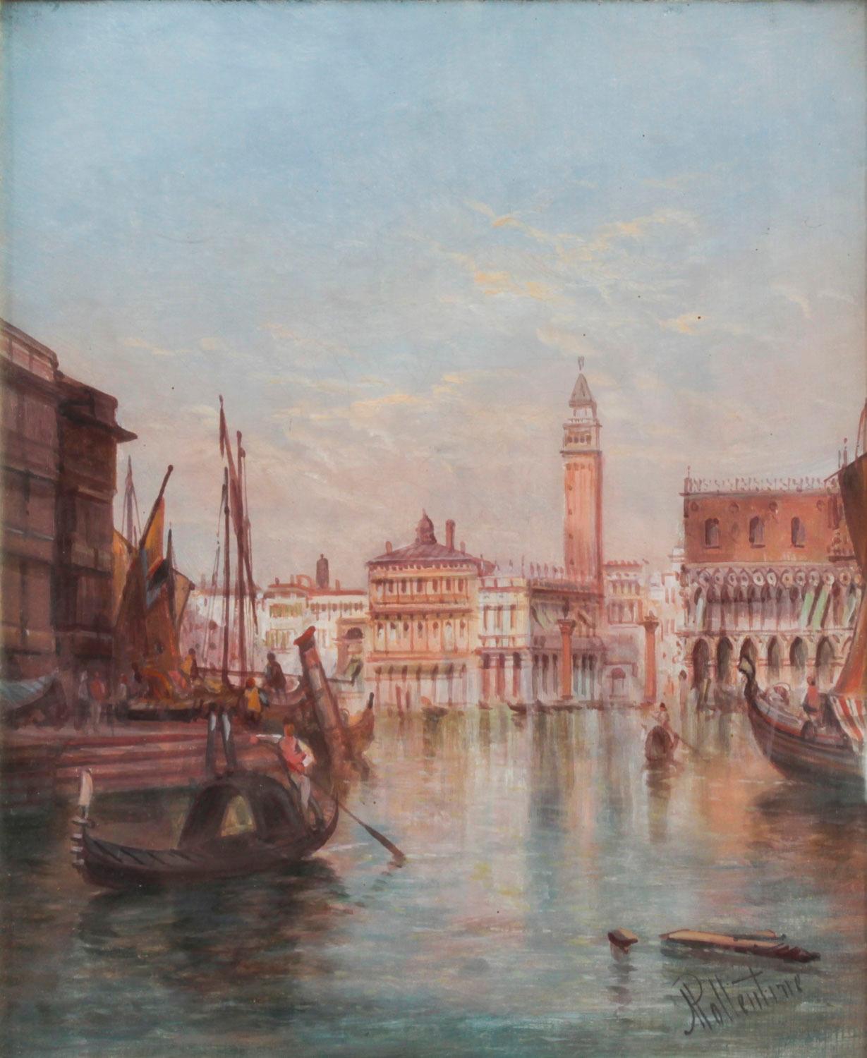 Se trata de un hermoso óleo sobre lienzo de una vista del Gran Canal de Venecia, obra del célebre artista británico Alfred Pollentine (1836-1890), firmado en la parte inferior derecha: 