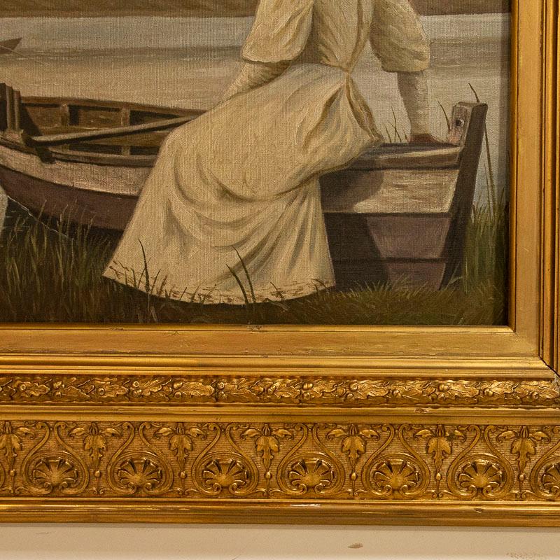Antike Öl auf Leinwand Gemälde der jungen Frau in weißem Kleid sitzt am Rande der im Zustand „Gut“ im Angebot in Round Top, TX