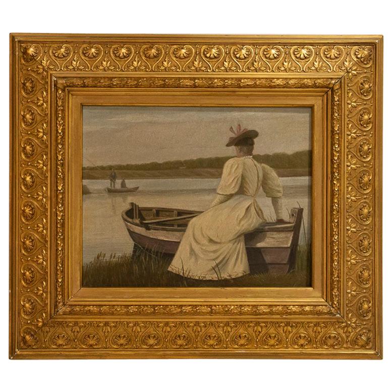 Antique Oil on Canvas Painting of Young Woman in White Dress Sitting on Edge of