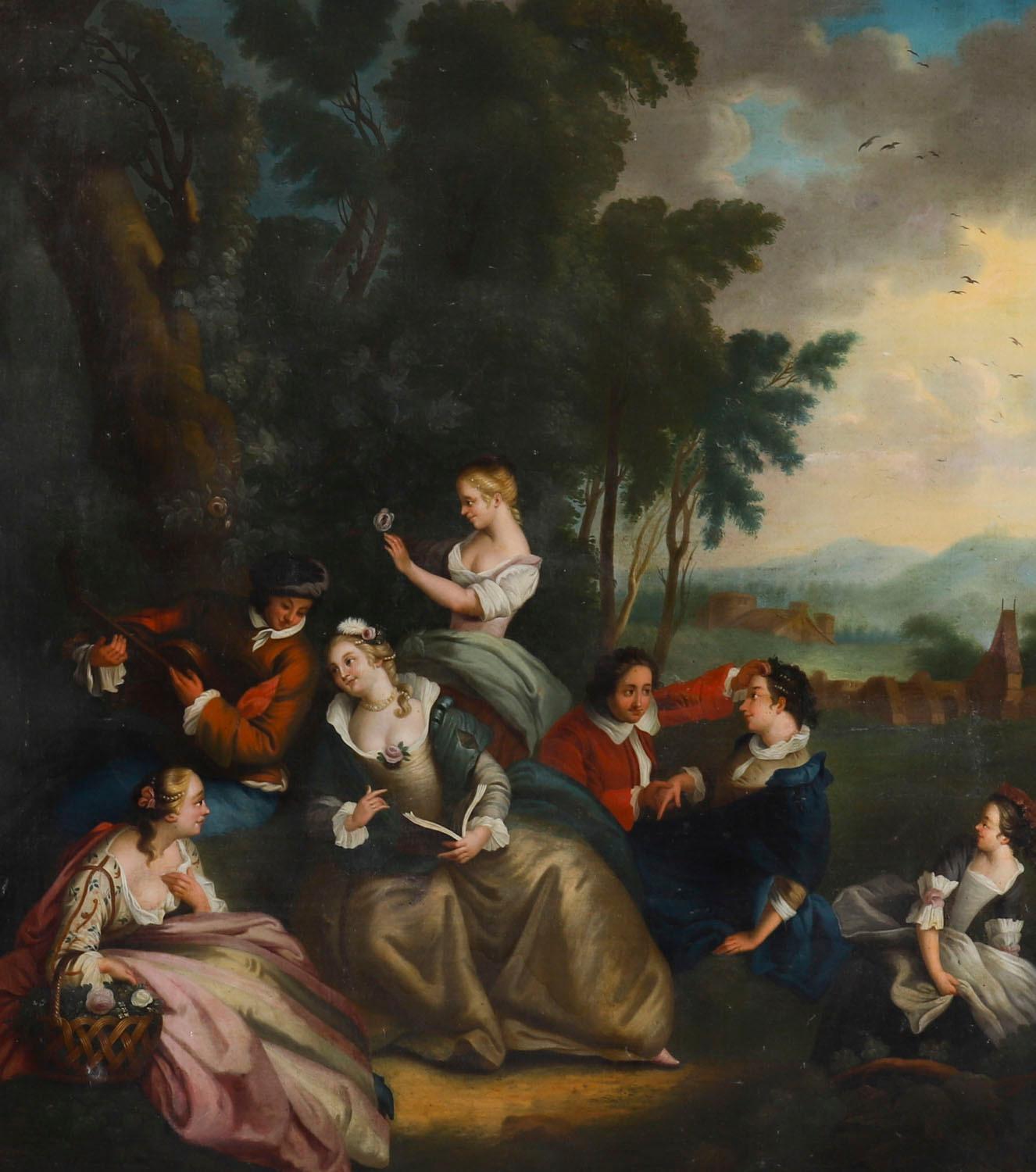 Se trata de un delicioso óleo sobre lienzo antiguo de gran tamaño, según Watteau, que representa una 