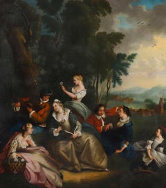 Antique Oil on Canvas Painting "Party Picnicking" After Watteau 18th Century