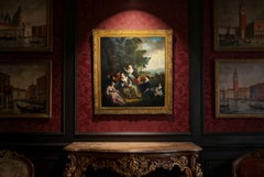 Antique Oil on Canvas Painting "Party Picnicking" After Watteau 18th Century