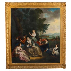 Pintura antigua al óleo sobre lienzo "Fiesta de picnic" según Watteau Siglo XVIII
