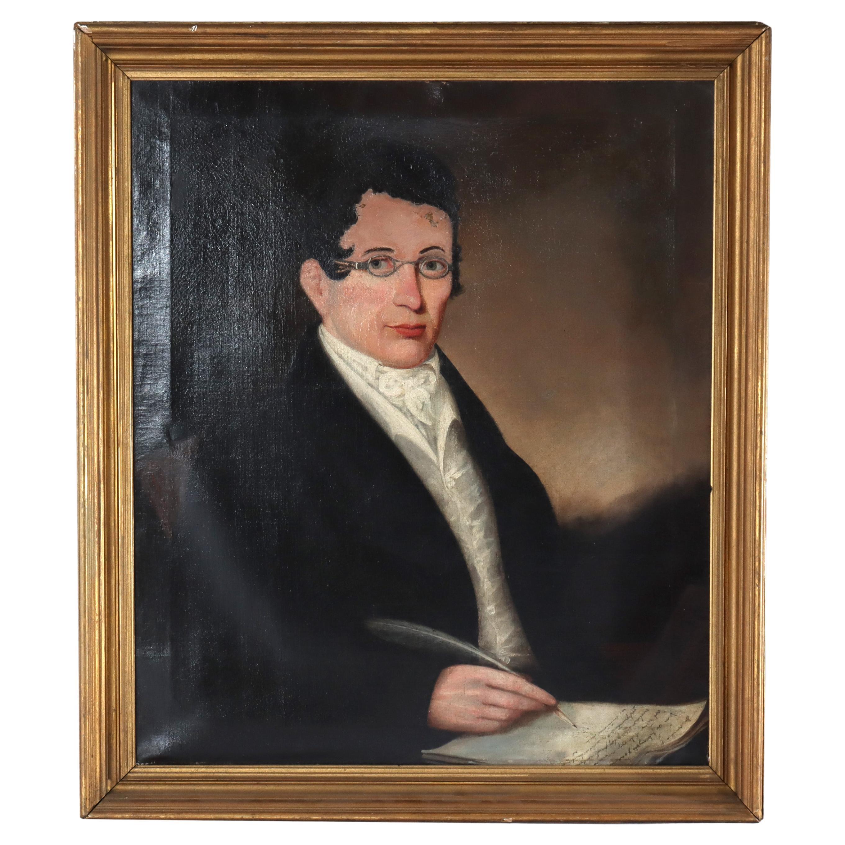 Antike Öl auf Leinwand Gemälde, Porträt eines Gelehrten, C1830