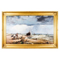 Antique Oil on Canvas Painting "Salvaging the Wreck" by Samuel Bird 19th Century
