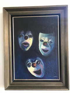Antique Oil on Canvas Painting Showing Emotional Clown / Mime Masks by I. Weyts