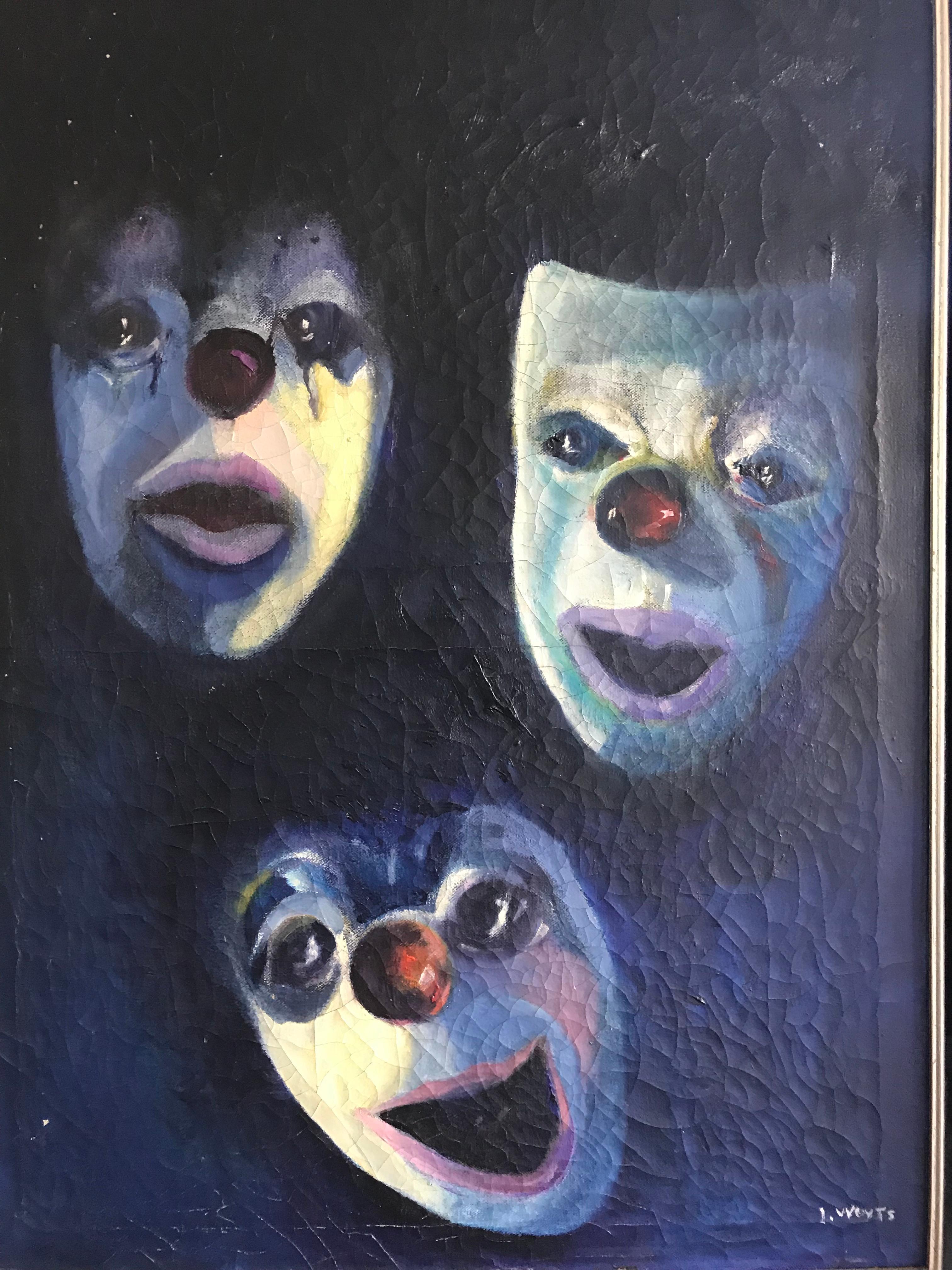 Antike Öl auf Leinwand Gemälde Zeigt Emotional Clown / Mime Masken von I. Weyts (Belgisch) im Angebot