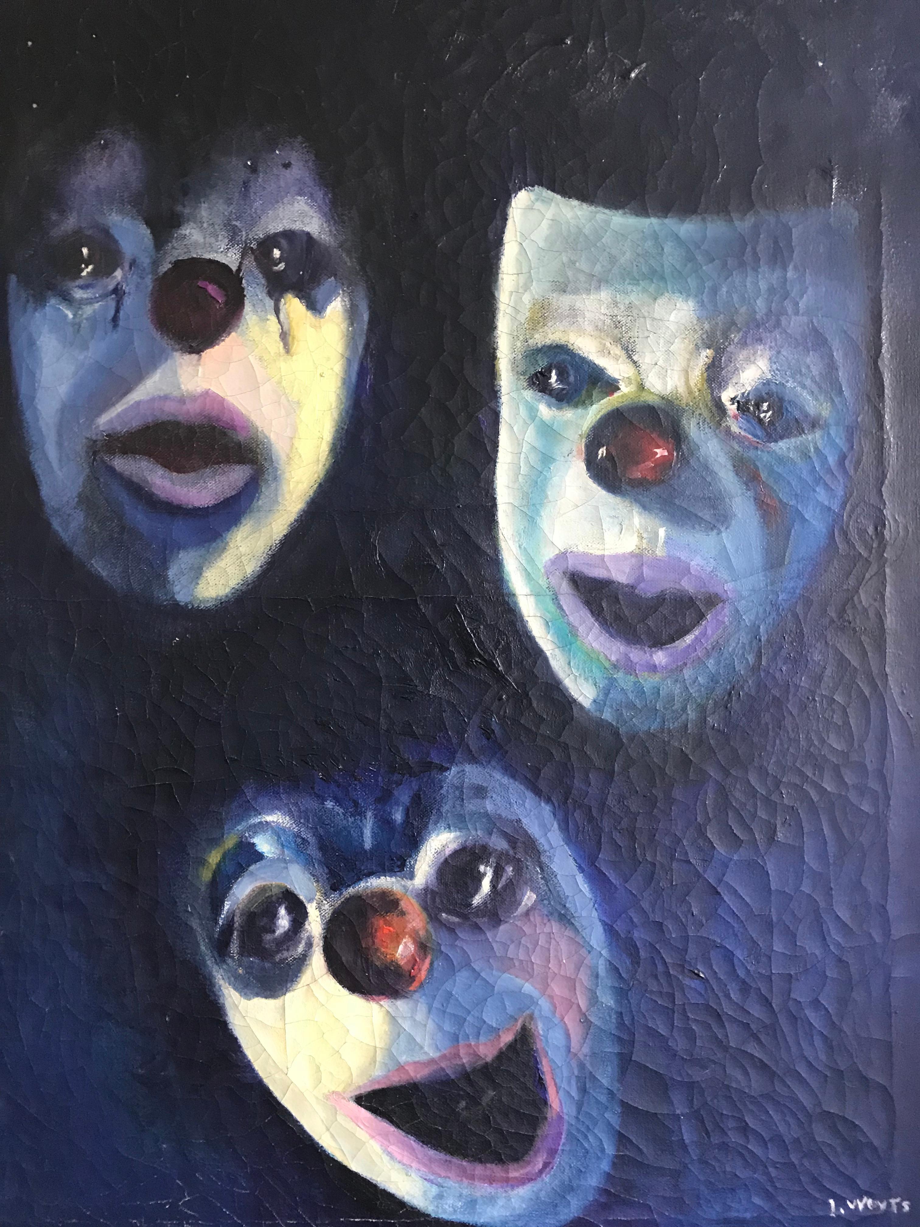 Fait main Ancienne peinture à l'huile sur toile montrant des masques de clowns et de mimes par I. Weyts en vente