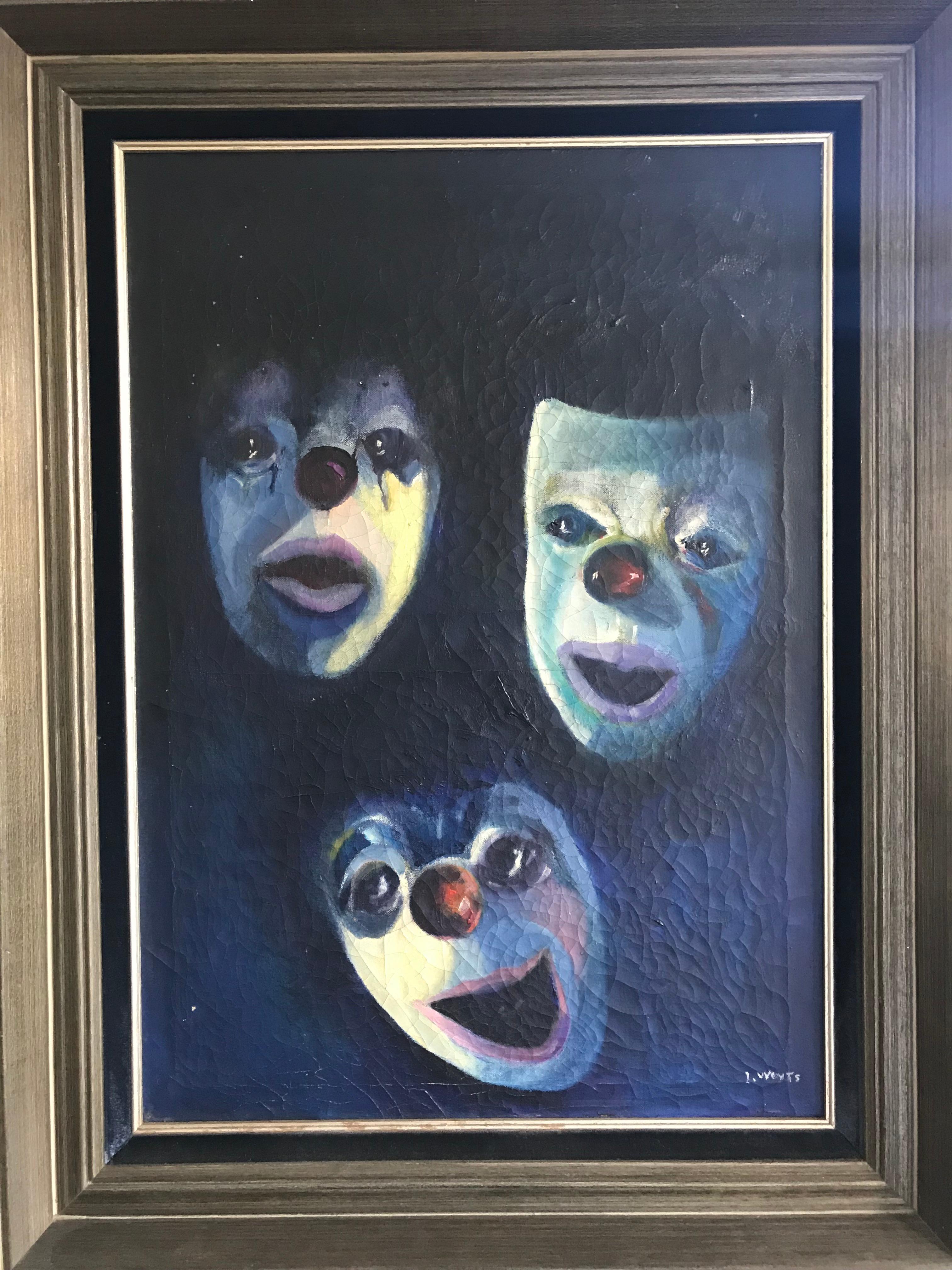 Antike Öl auf Leinwand Gemälde Zeigt Emotional Clown / Mime Masken von I. Weyts im Angebot 1