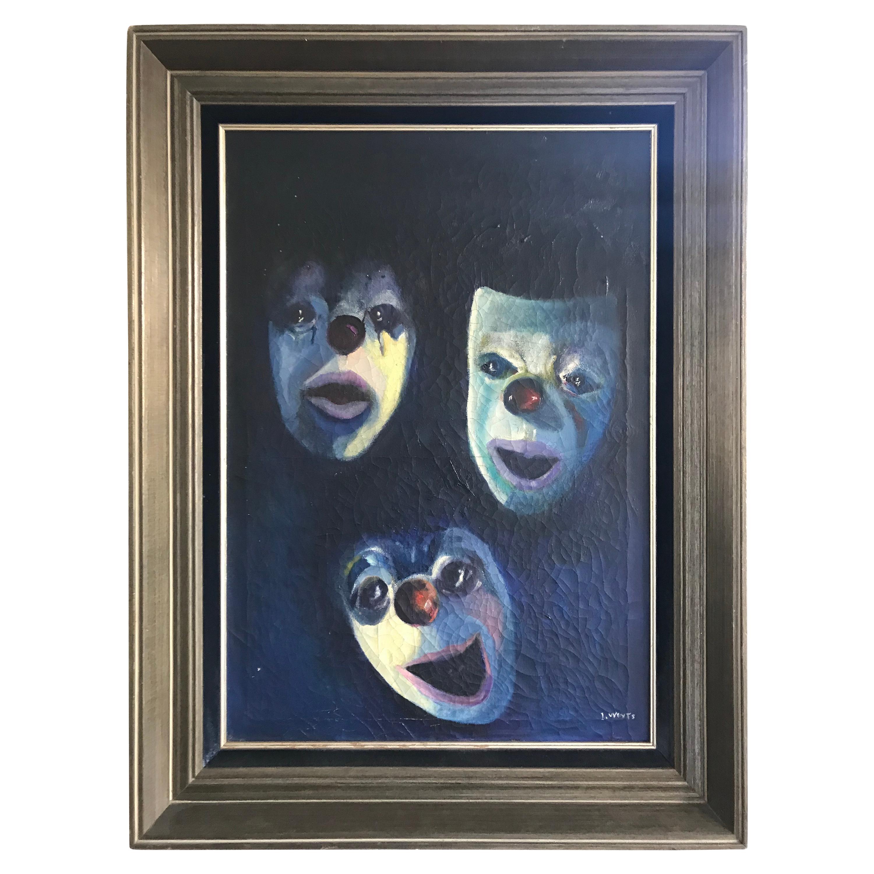 Ancienne peinture à l'huile sur toile montrant des masques de clowns et de mimes par I. Weyts