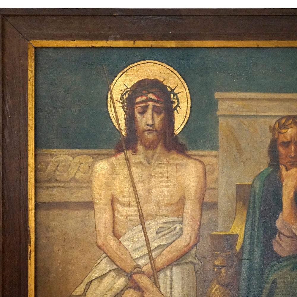 An antique painting by Wynand Geraedts offers oil on canvas Stations of the Cross scene of Jesus being condemned; initialed, signed and dated as photographed, 1924
**Additional in the set listed separately**

Measures- 38.25''H x 48''W x 1.25''D;