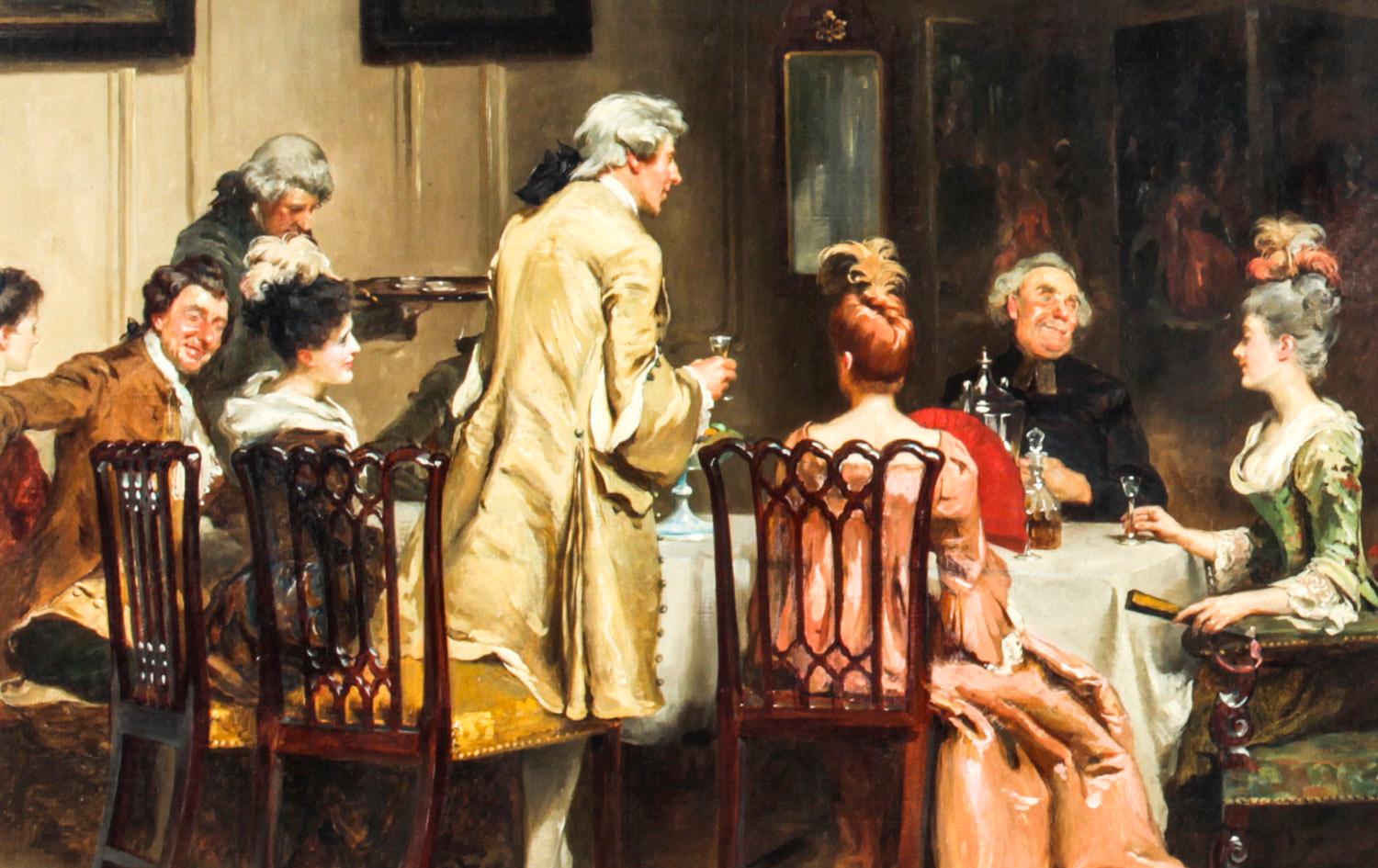 This is a truly splendid antique oil on canvas painting featuring a period interior scene by Fred Roe (1864-1947), signed and dated 1894.

This beautiful oil painting depicts a dinner party with the figures in a period costume seated while one