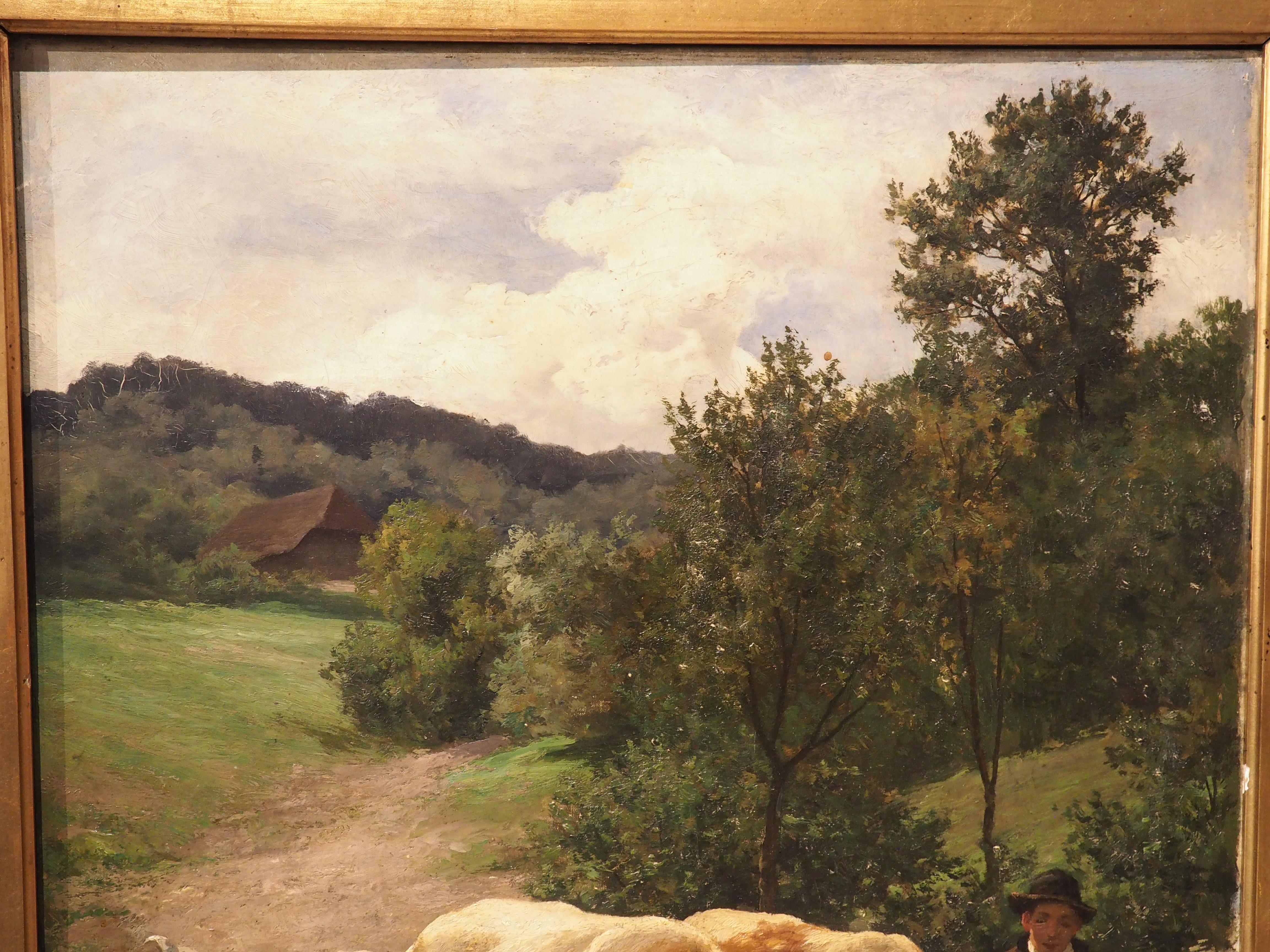Antique Oil on Canvas Pastoral Cow Painting by Julius Bergmann For Sale 6