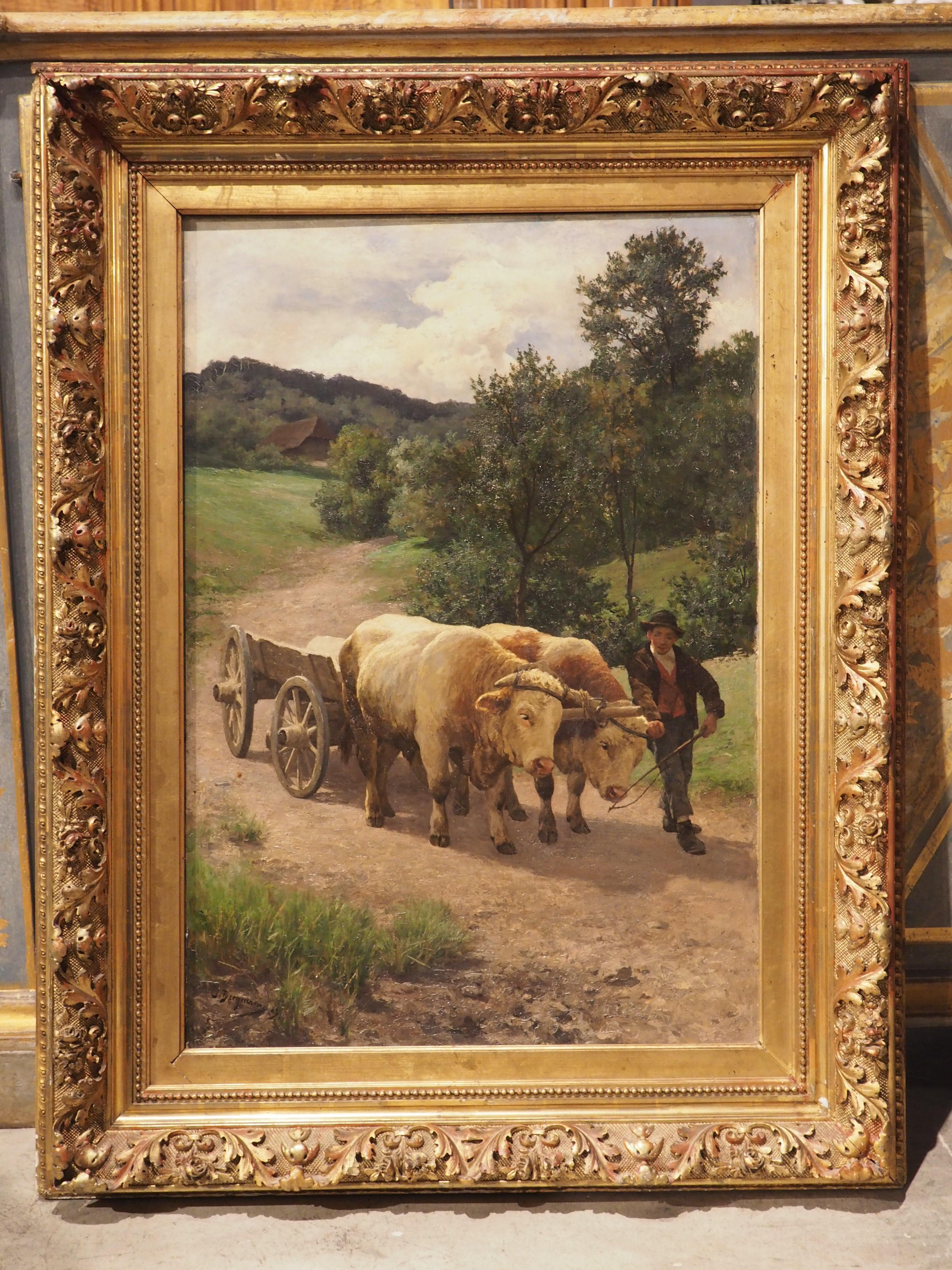 Antique Oil on Canvas Pastoral Cow Painting by Julius Bergmann For Sale 12