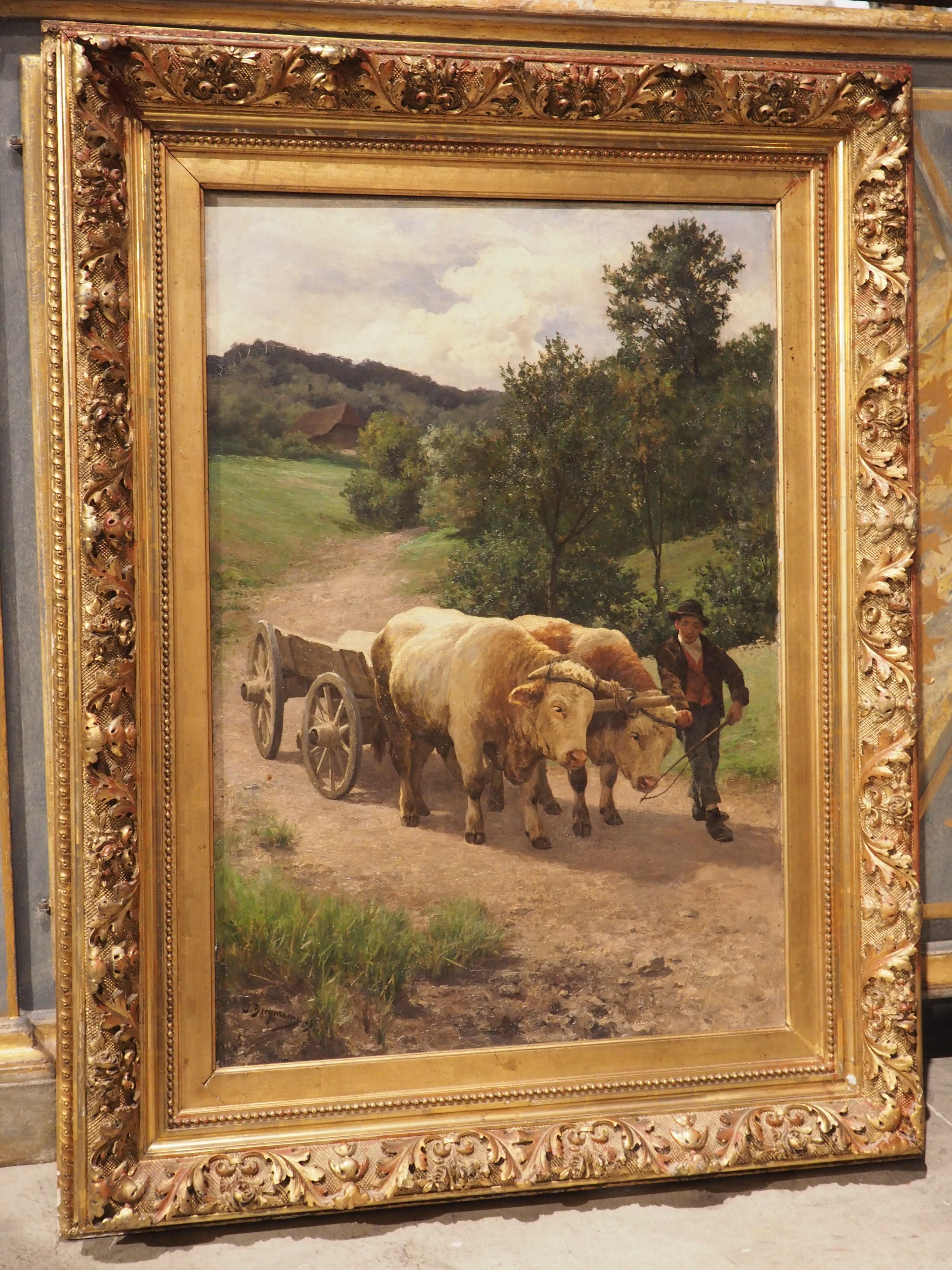 Hand-Carved Antique Oil on Canvas Pastoral Cow Painting by Julius Bergmann For Sale
