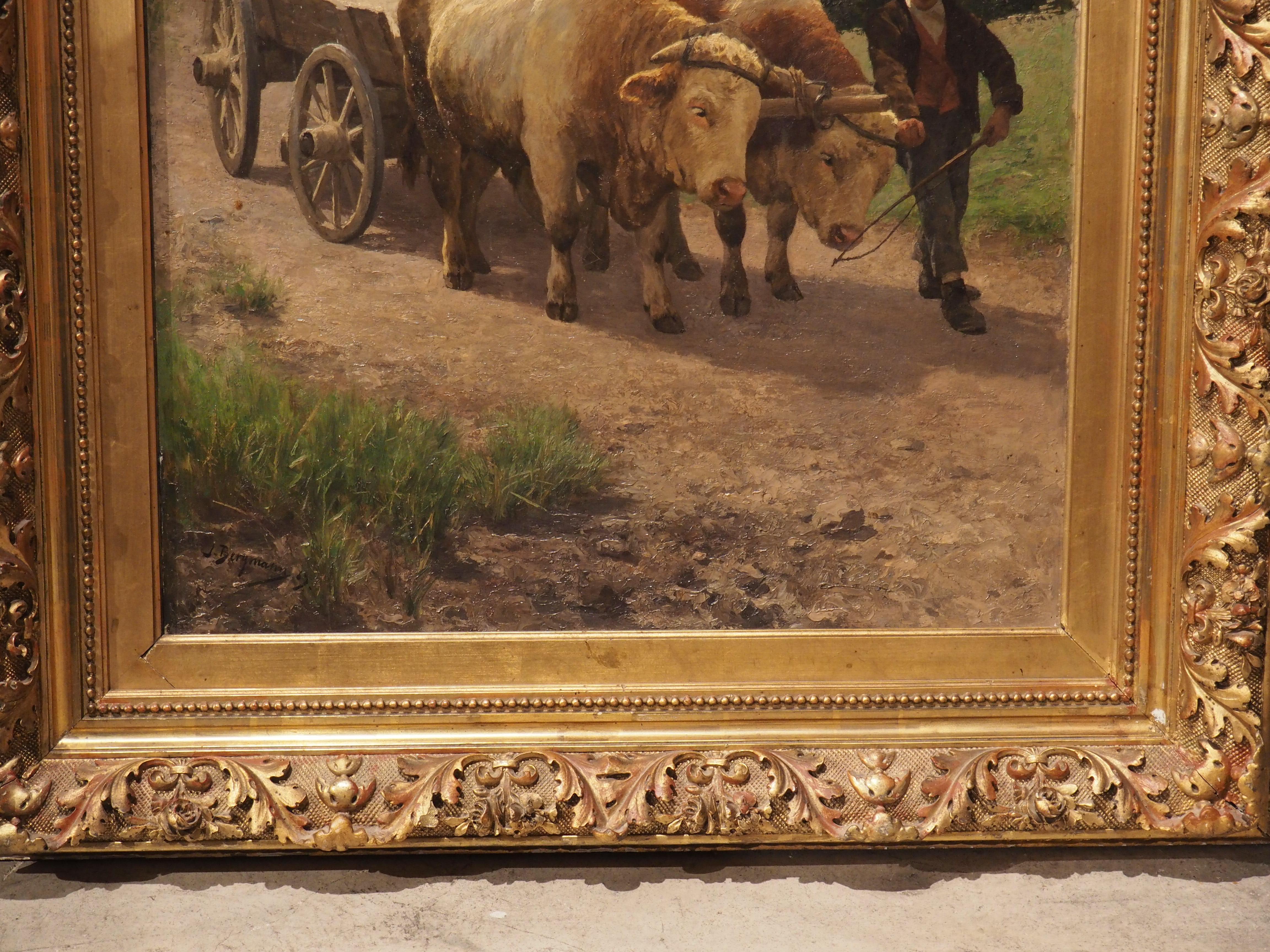 Antique Oil on Canvas Pastoral Cow Painting by Julius Bergmann In Good Condition For Sale In Dallas, TX