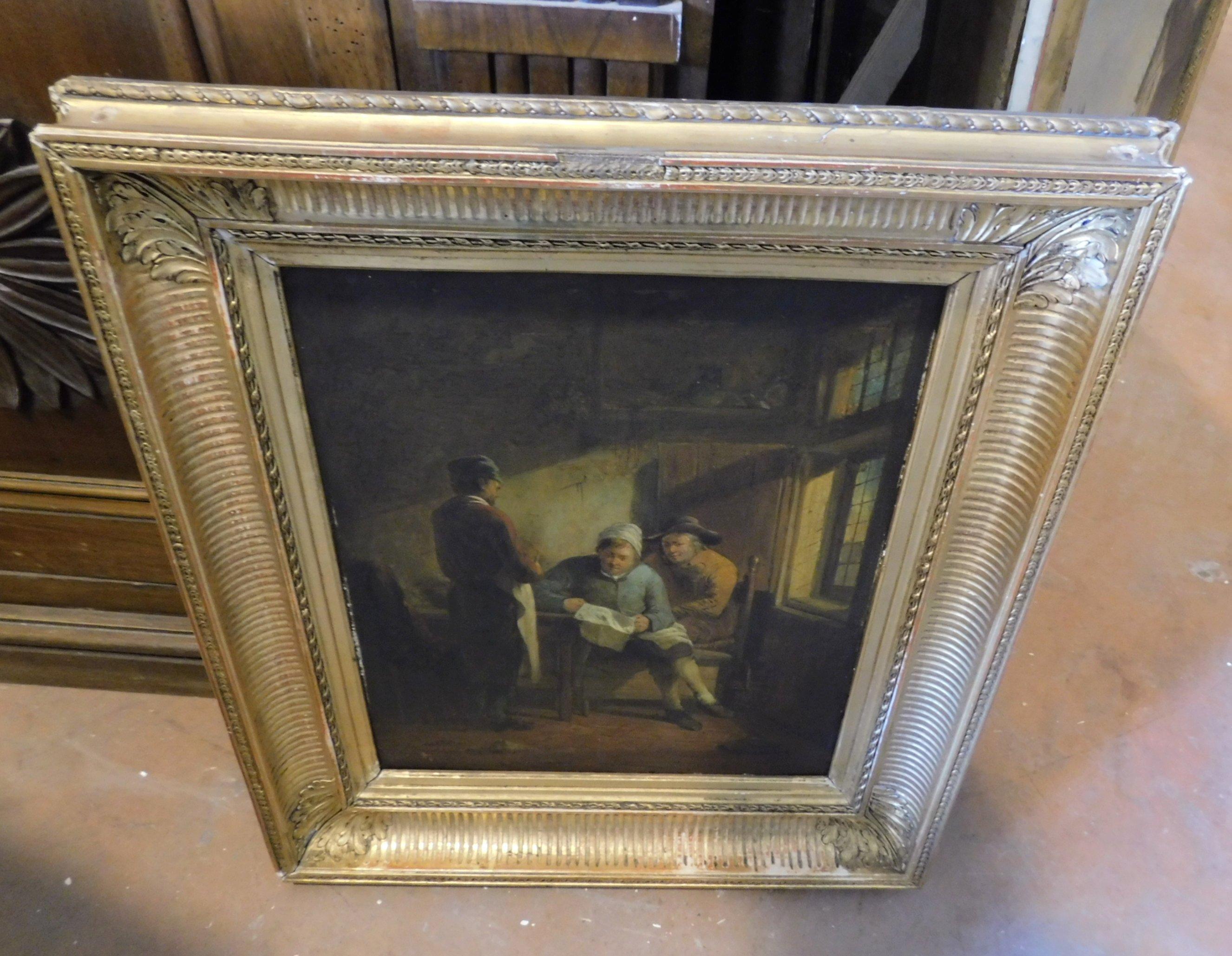 19th Century Antique Oil on Canvas People Painting, Gilded Coeval Frame, Late 1800, Italy